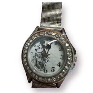 Disney Accutime Quartz Wristwatch Minnie Mouse CZ Bezel Steel Mesh Band MN2074CV